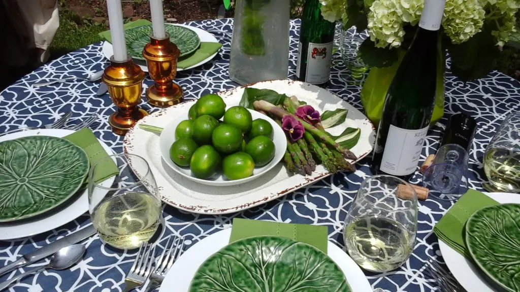 blue and green outdoor table setting
