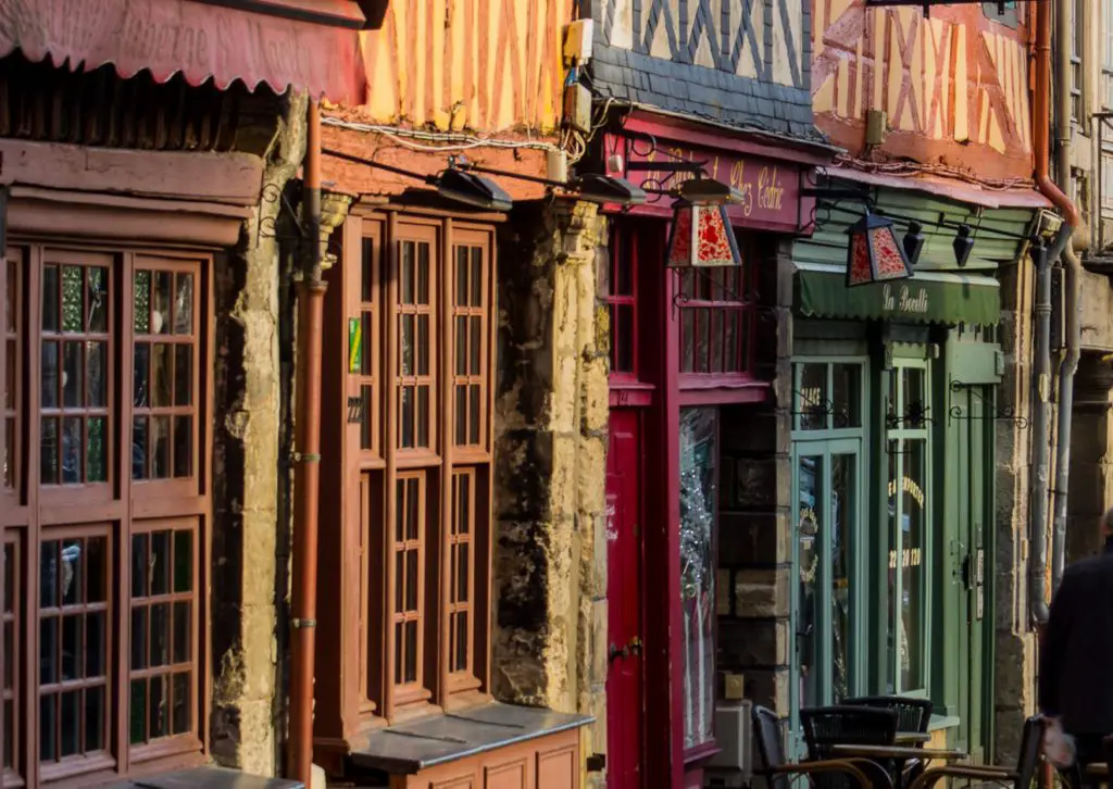 Colorful buildings on a street in French city of Rouen