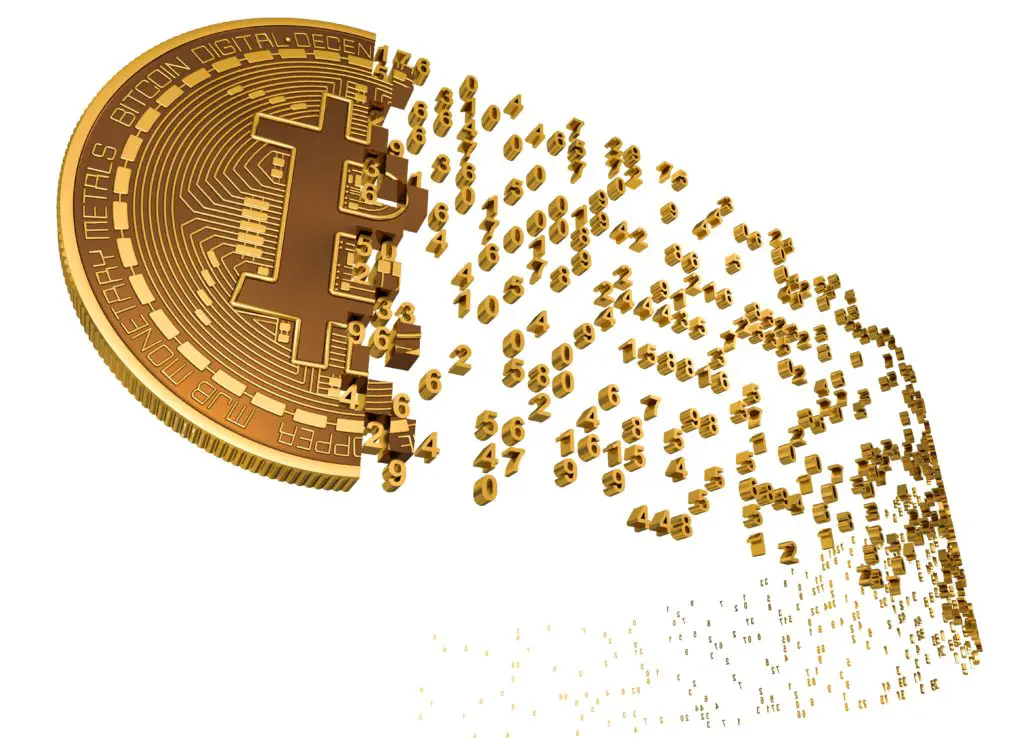 Image of bitcoin flying upwards leaving digital trail