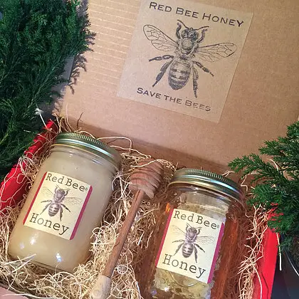 Giftbox from Red Bee Honey with two jars of honey.