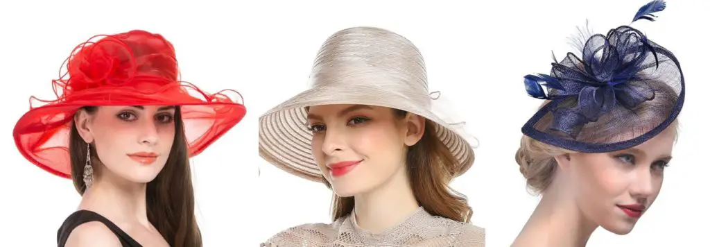 Trio of fancy women's hats red white blue