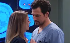 Ellen Pompeo as Dr. Meredith Gray with Giacamo Giannotti as Dr. DeLuca on Grays Anatomy