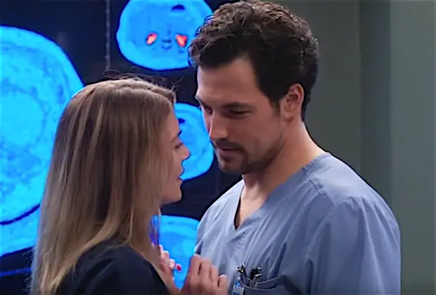 Ellen Pompeo as Dr. Meredith Gray with Giacamo Giannotti as Dr. DeLuca on Grays Anatomy