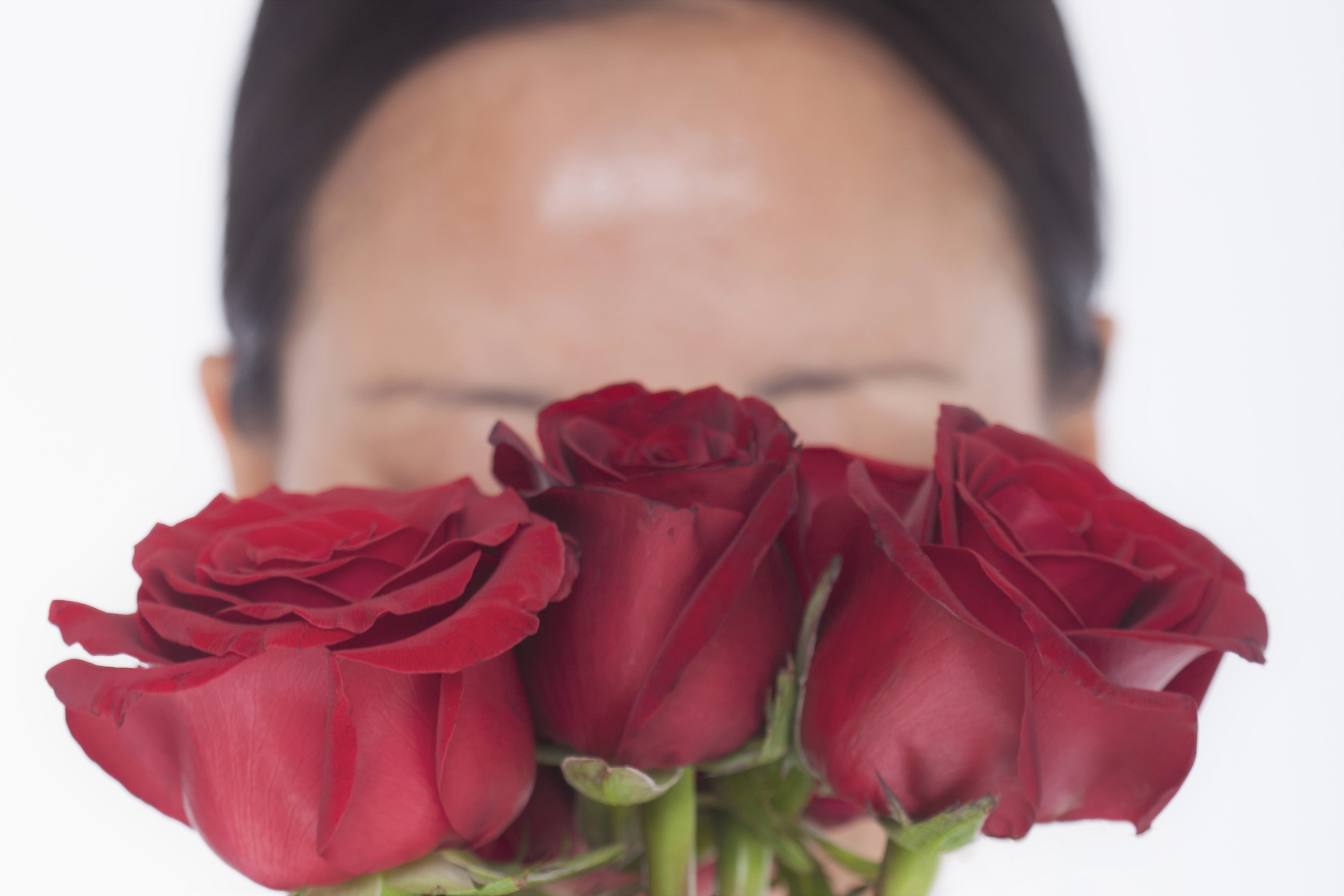 woman hiding face behind red roses