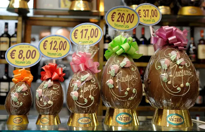 A row of Italian chocolate Easter eggs in ascending sizes