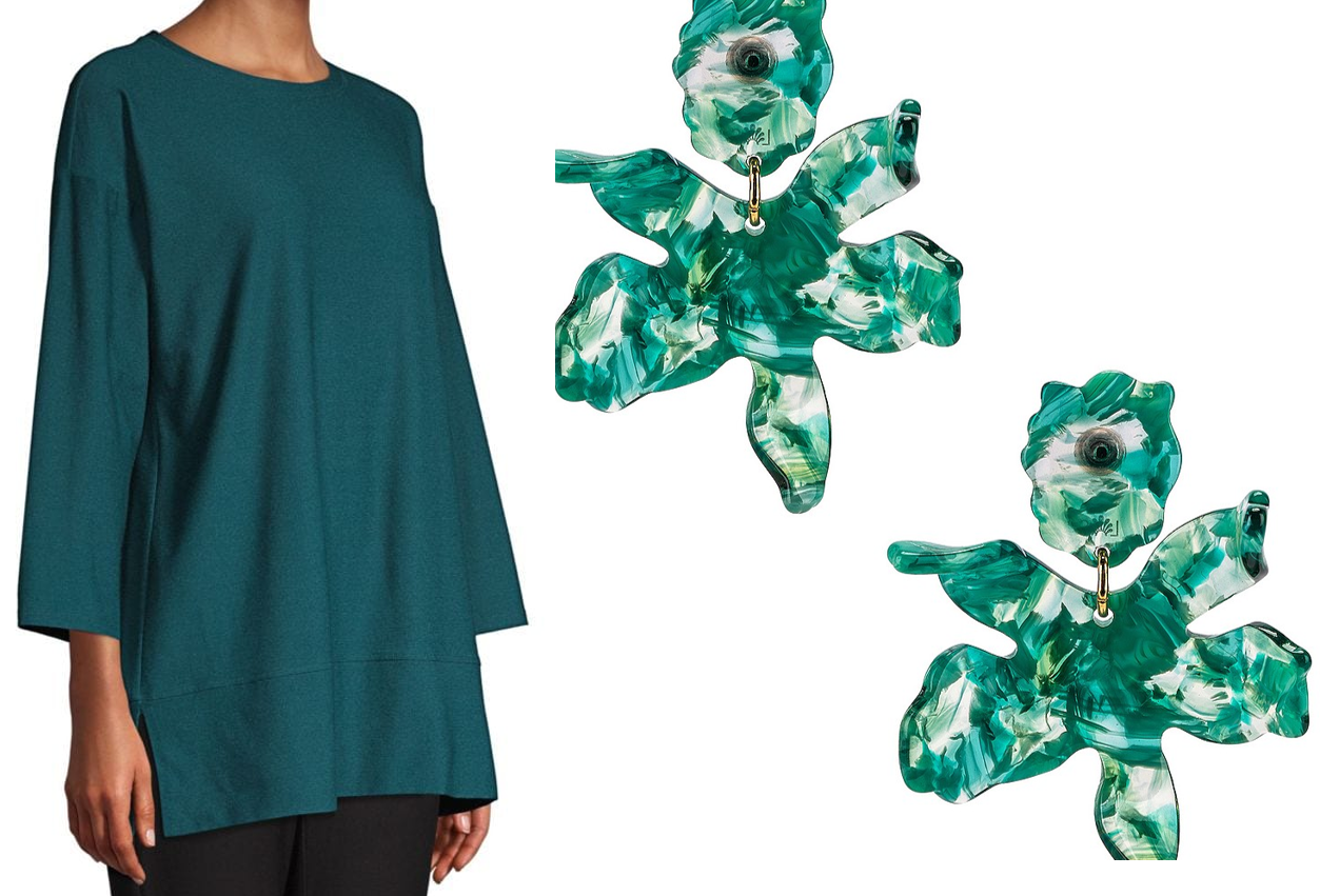 Dark green tunic top and earrings