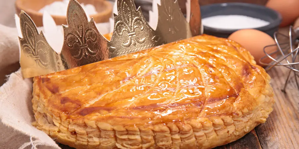 Galette des rois with gold paper crown