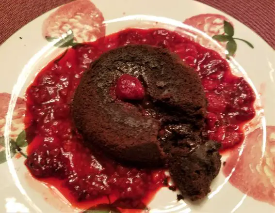 Chocolate lava cake with raspberries