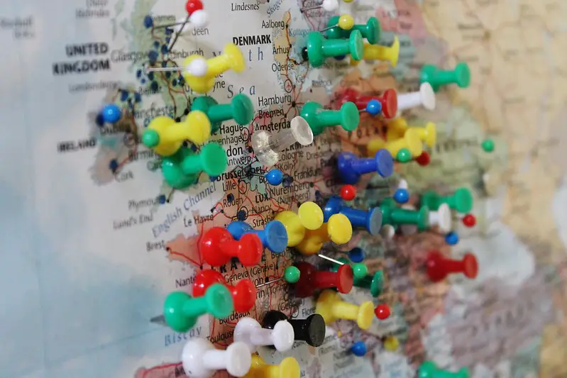 Pins marking destinations in Europe