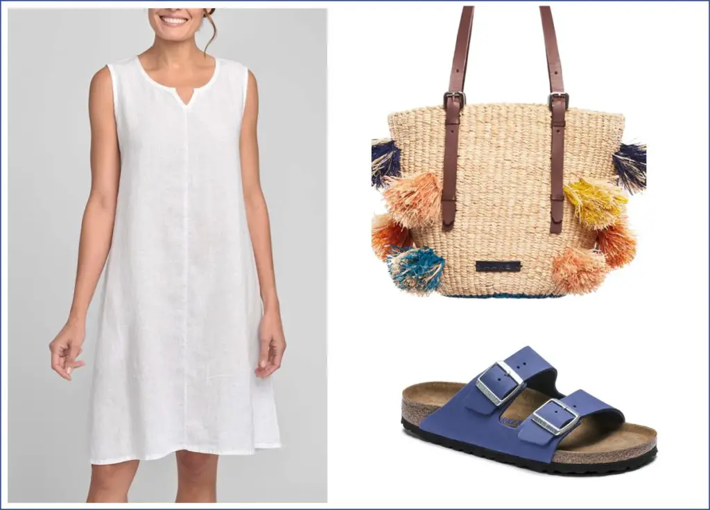 Blue Birkenstocks woman white dress