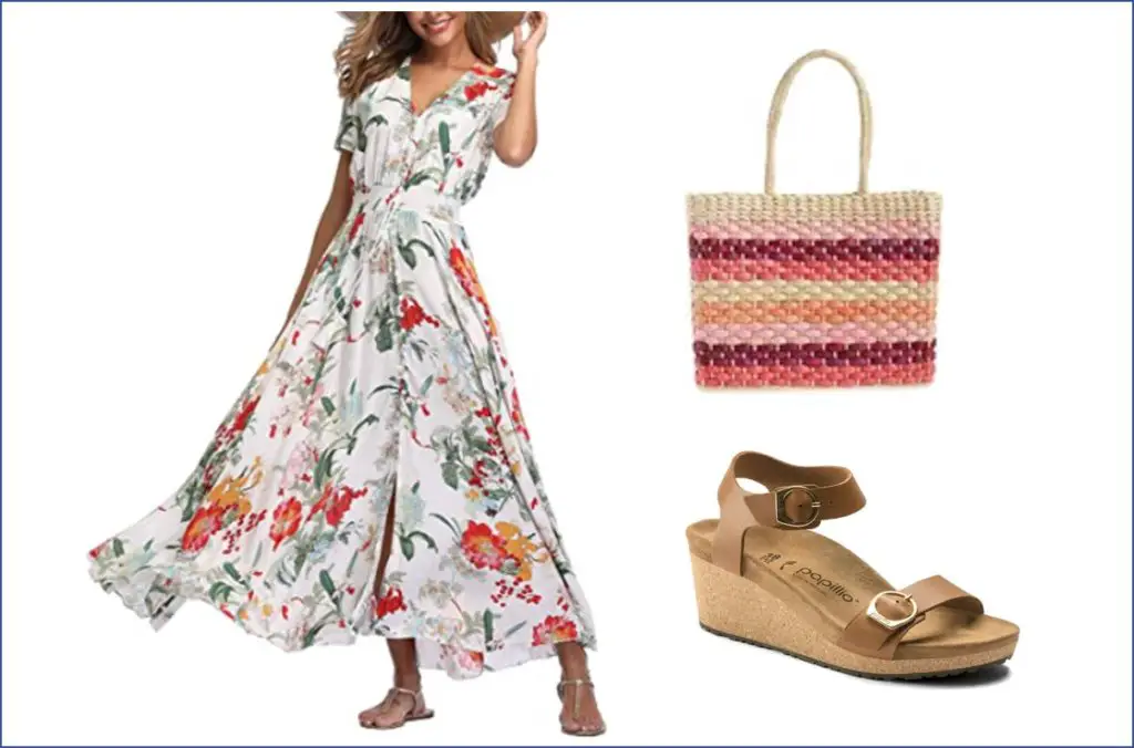 Women over 60 styling wedge Birkenstocks with floral dress and straw bag.