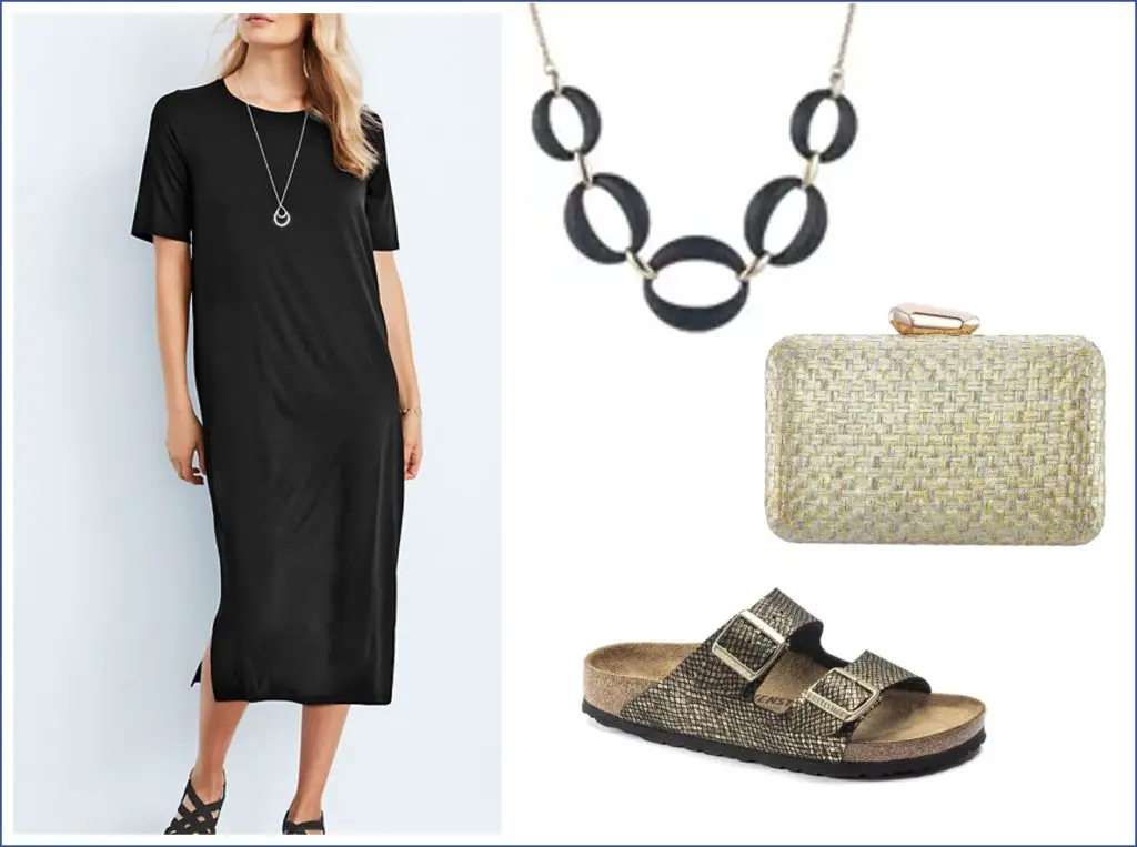 Woman over 60 look stylish in gold tone p;ython patterned Birkenstocks and black Eileen Fisher t-short dress with metallic straw clutcjh and Lucite necklace.