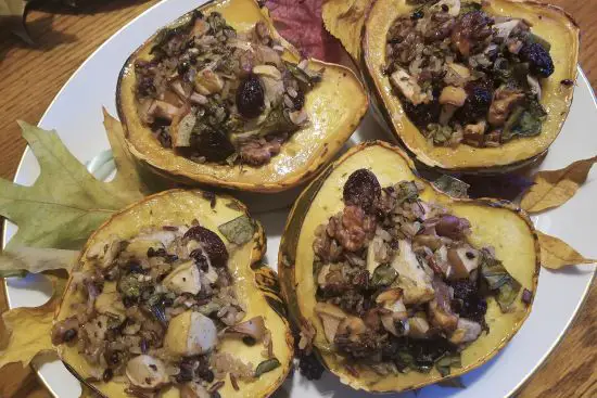 Vegetarian Thanksgiving with stuffed acorn squash as main course 