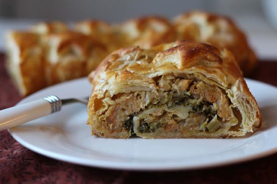 vegetarian Thanksgiving menu with root vegetable strudel