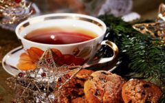 Beautiful cup of tea and Christmas decor