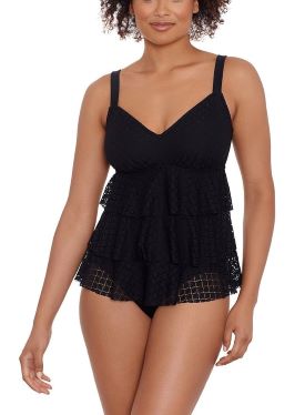 Black ruffled top swimsuit for women over 60