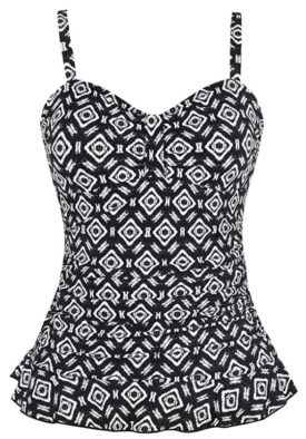 Hilor ruched flared black and white tankini top