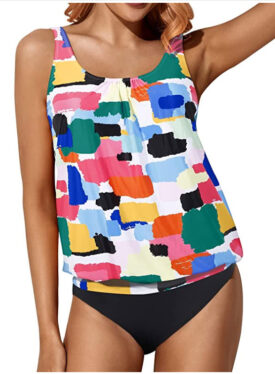 Multi-colored blouson tankini top wtih black bottom