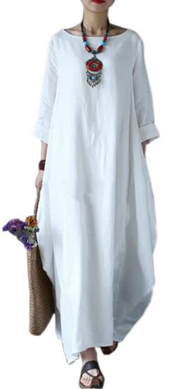 Long white cotton linen dress Coastal Grandma style