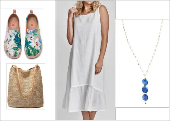 Coastal Grandma style whilte linen dress with accessories