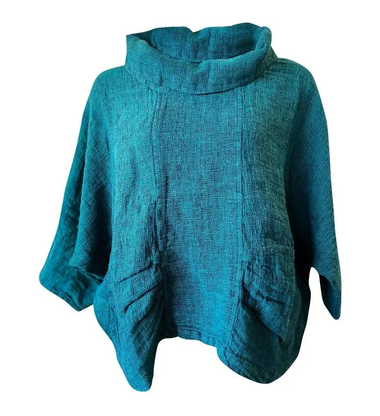 Linen cowl neck top in teal