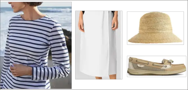 Striped Breton shirt and linen skirt Coastal Grandma style