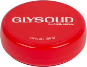Red container of Glysolid hand cream