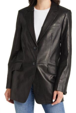 Black leather blazer with white tee shirt