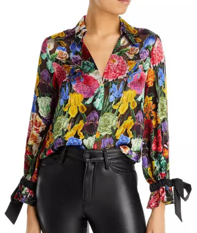 Alice and Olivia floal blouse with leather pants