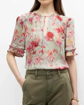 Spring floral short sleeve blouse in peach and pink