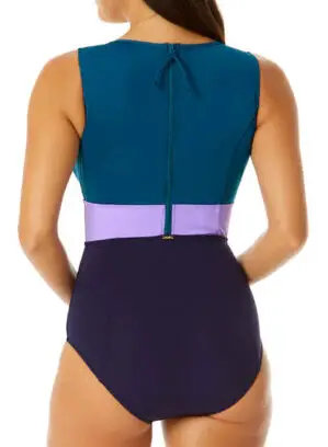 High back swimsuit in shades of blue and purple