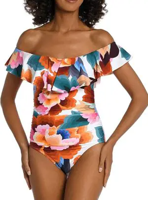 Bold flower print swimsuit with ruffled off shoulder sleeve