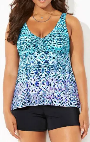 Blue patterned plus size tankini