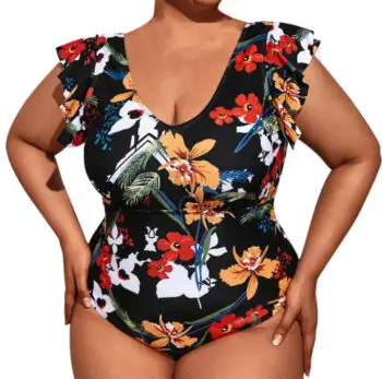 Black and floral swimsuit with ruffle sleeve