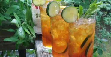 Three traditional PIMMS cocktails with