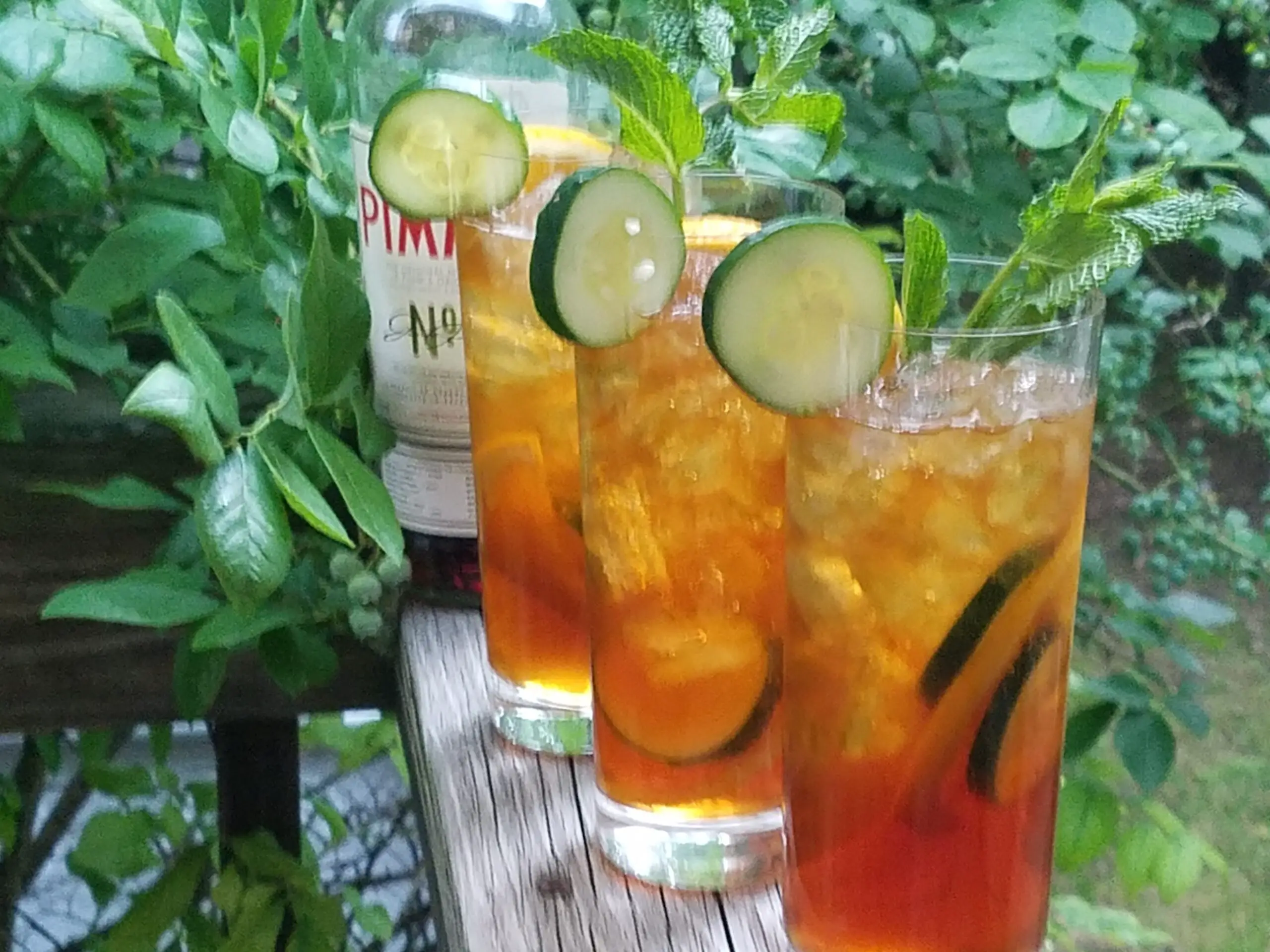 Three traditional PIMMS Cups with cucumber, orange, and mint