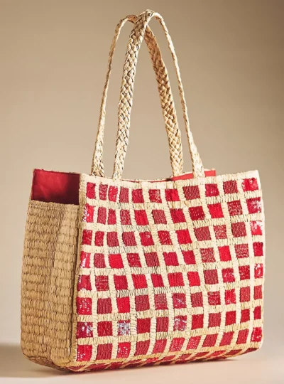 Red check straw tote bag