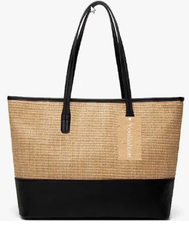 Straw tote bag with black faux leather trim