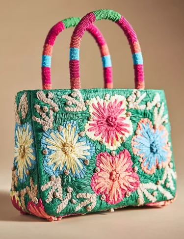 Flower embroidered straw bag in summer shades