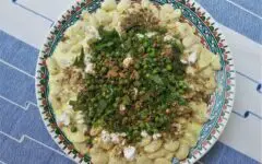 Butter bean salad with feta, peas, and dukkah
