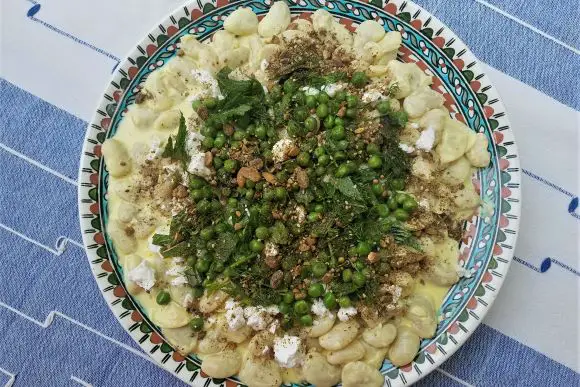 Butter bean salad with feta, peas, and dukkah