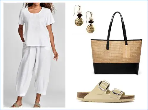 Casual all white outfit with straw bag and cream Birkenstocks