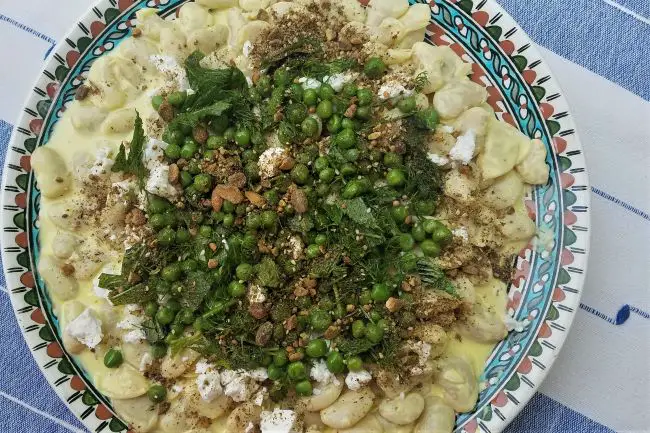 Butter beans with peas feta and dukkah