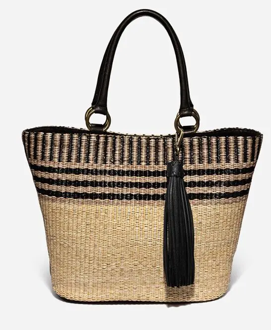 Straw bag with black striped top and tassle