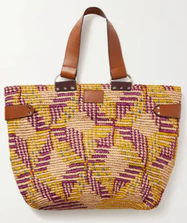 Designer purple and yellow print straw handbag