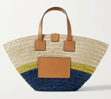Navy lime and natural straw bag with leather handles