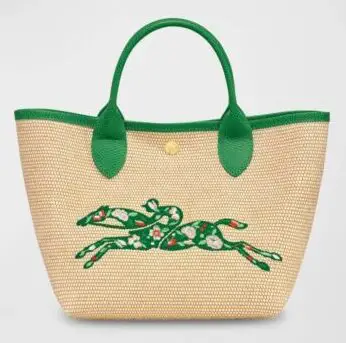 Longchamp straw bag with green horse decor