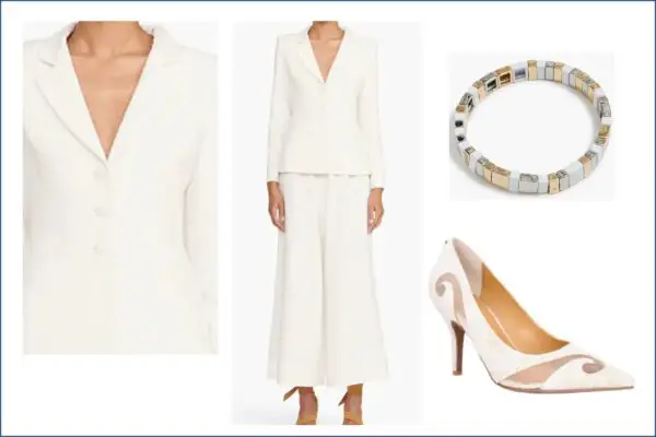 White pantsuit with metallic accessories