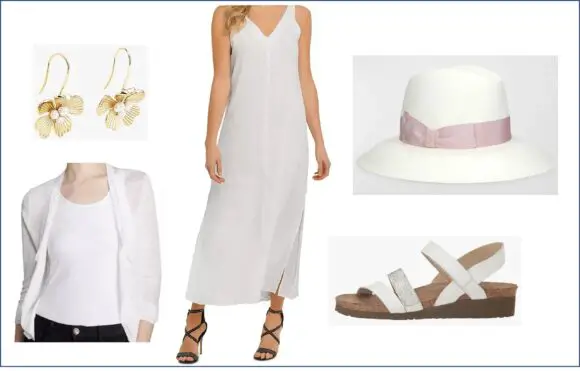 Sleeveless white linen dress with white accessories