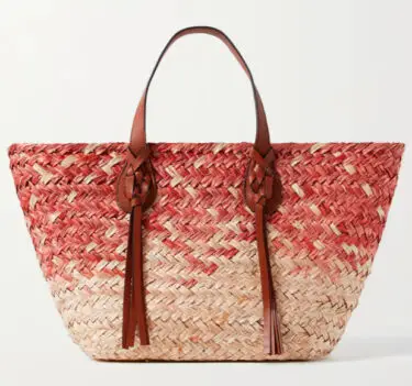 Red fading to natural straw bag with leaether handles
